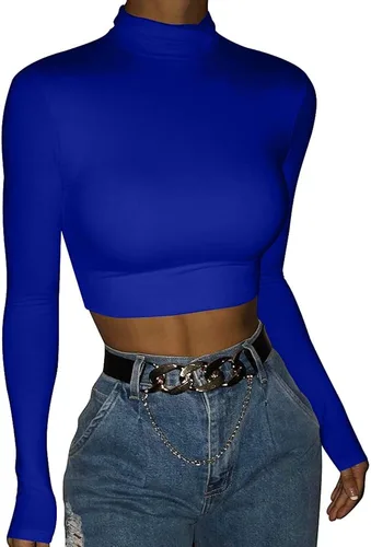 Miniatura 2 de LCNBA Camiseta corta de manga larga para mujer, cuello alto, sexy, básica, recortada