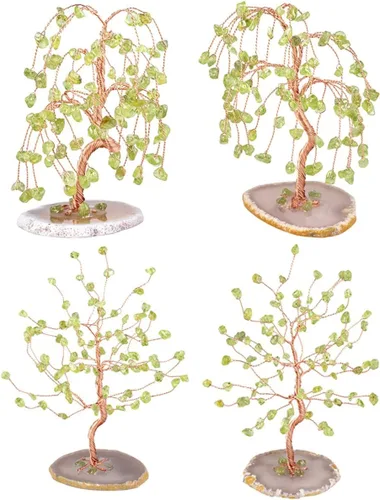 Miniatura 7 de SUNYIK Juego de árbol de dinero de peridoto hecho a mano sobre base de rodajas de ágata natural, árbol de la vida, cristales curativos con virutas