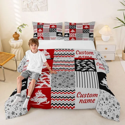 Miniatura 20 de Juego de edredón de softbol personalizado, juego de ropa de cama de retazos a cuadros para niños y niños, edredón de bate de béisbol, juego