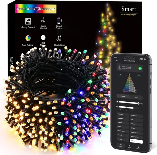 Miniatura 14 de Brizled - Luces inteligentes para árbol de Navidad, 20 metros / 66 pies, 200 luces LED que cambian de color, control por aplicación y voz, Rojo