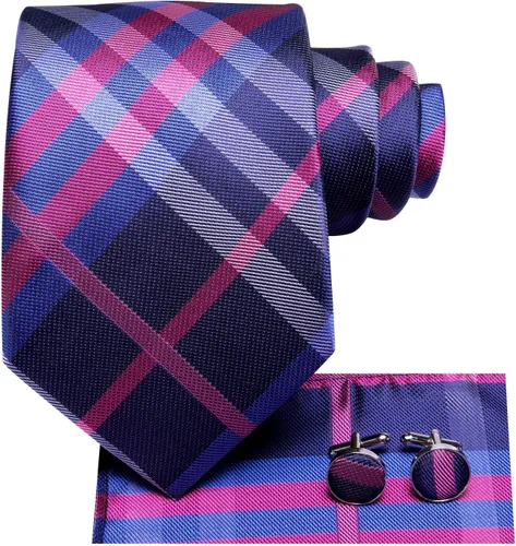 Miniatura 91 de Hi-Tie Corbata clásica de cachemira para hombre con pañuelo y gemelos a cuadros