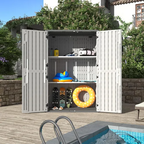 Miniatura 8 de Aoxun Cobertizo de almacenamiento para exteriores de resina blanca con 2 estantes y piso, gabinete vertical impermeable de 64 pies cúbicos