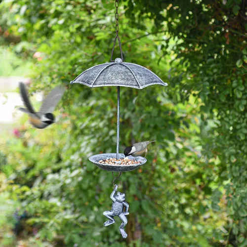 Miniatura 2 de Sungmor Comedero decorativo colgante para pájaros, baño de pájaros de hierro fundido impermeable, diseño único de paracaidismo de rana verde