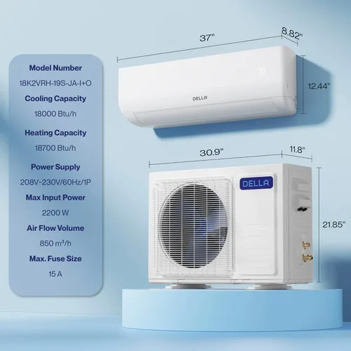 Miniatura 9 de DELLA Serie Motto 18000 BTU 19 SEER2 230V Mini Split AC, enfría hasta 1000 pies cuadrados, funciona con Alexa y Wifi, sistema de aire acondicionado