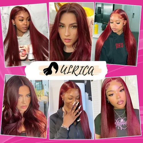 Miniatura 6 de ULRICA 99J - Pelucas de encaje frontal burdeos de 20 pulgadas, pelucas de cabello humano para mujeres negras 13x4, encaje HD burdeos, peluca de Rojo