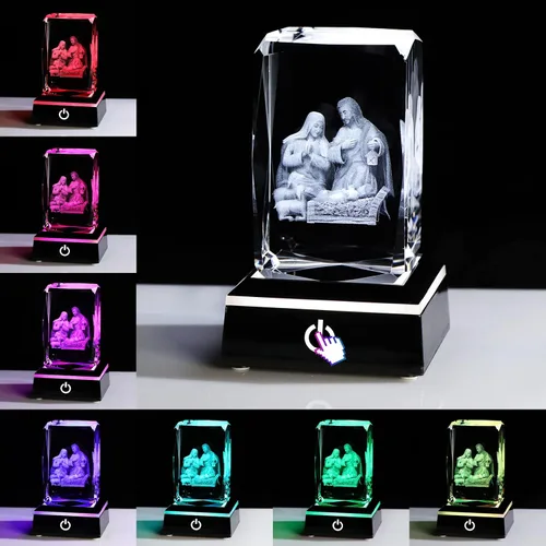 Miniatura 2 de YWHL Figuras de belén de cristal 3D con base colorida grabada con láser, estatuas de la Santa Familia para regalos religiosos para mujeres y hombres