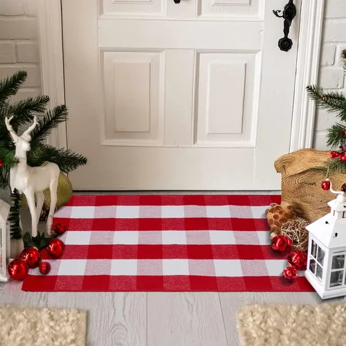 Miniatura 3 de Alfombra de cuadros rojos y blancos de Navidad de 27.5 x 43 pulgadas, tejida a mano para interiores y exteriores, mezcla de algodón a cuadros