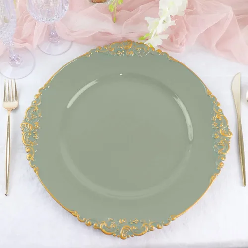 Miniatura 10 de Tableclothsfactory Paquete de 6 platos barrocos redondos de oro transparente de 13 pulgadas, borde en relieve de hojas para decoración de mesa