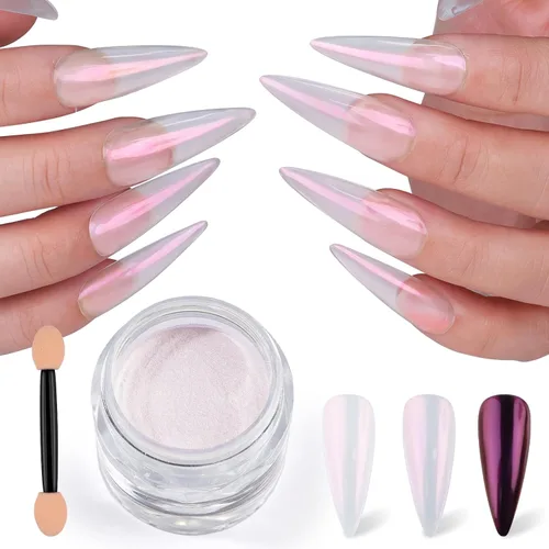 Miniatura 11 de Polvo de uñas cromado Moonlight, polvo de uñas cromado Aurora Pearl efecto espejo holográfico blanco brillante pigmento de azúcar polvo purpurina