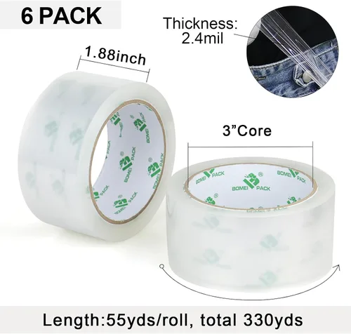 Miniatura 3 de BOMEI PACK Cinta de embalaje silenciosa sin ruido, 6 rollos de 1.88 pulgadas x 55 yardas, cinta de embalaje industrial resistente para embalaje