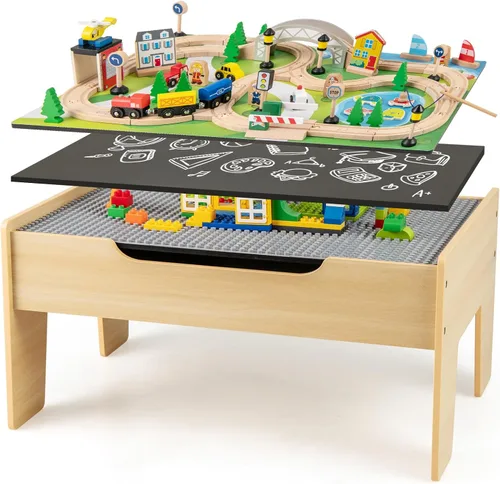 Miniatura 12 de Costzon Mesa de tren, 80 piezas, mesa de actividades de madera para niños con mesa reversible y desmontable, pistas de madera maciza, tren