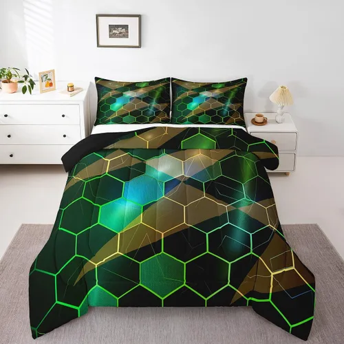 Miniatura 24 de Juego de ropa de cama individual de panal para niños y niños, color negro, verde azulado, azul, hexagonal, geométrico, patrón de colmena, edredón