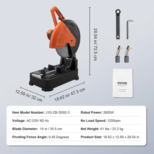 Miniatura 7 de Sierra de corte VEVOR, sierra de corte con diámetro de hoja de 14"/355mm, máquina de corte de acero de 2800W 1200RPM, sierra de corte seca ajustable