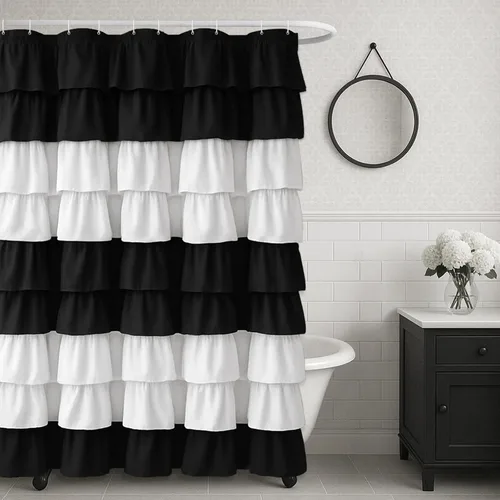 Miniatura 22 de Cortina de ducha Seasonwood de tela blanca con volantes, cortina de ducha estilo granja, cortinas de ducha de 72 x 84 pulgadas con botones y Blanco