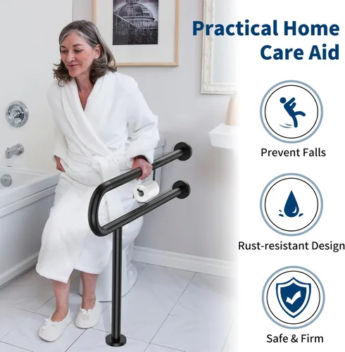 Miniatura 5 de ZUEXT - Riel de soporte para inodoro con soporte para papel higiénico de 31.5 x 28 pulgadas, barra de agarre antideslizante de pared a piso