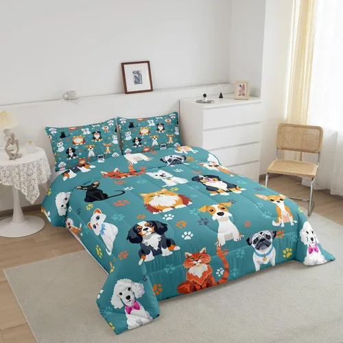 Miniatura 4 de Juego de edredón lindo de perro y gato, tamaño matrimonial, juego de ropa de cama colorido con estampado de patas de cachorro, 3 piezas para niños