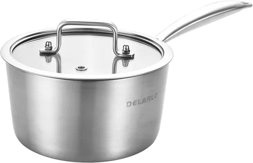 DELARLO Cacerola de Acero Inoxidable Tri-Capa para Todo el Cuerpo de 3 Cuartos con Tapa, Apta para Horno 600℉, Sartén Saucier Resistente de 3