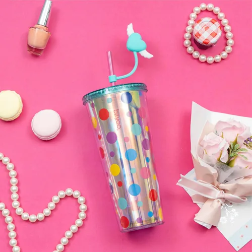 Miniatura 2 de bzyoo Vaso SIP de 24 oz con Tapa de Popote en Forma de Corazón con Alas – Vaso Iridiscente de Diseño Lindo DotDot, Taza Libre de BPA con Tapa