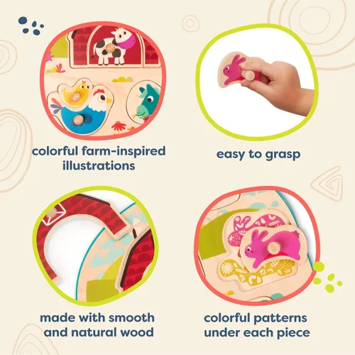 Miniatura 4 de B. toys Rompecabezas de clavijas de madera - Rompecabezas de clavijas de animales para niños pequeños, niños - 8 piezas gruesas - 18+ meses - Animal