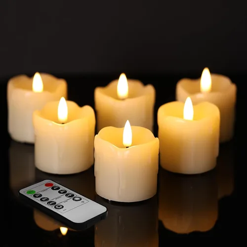 Miniatura 8 de Eywamage Velas votivas sin llama de cera de goteo naranja con pilas remotas, velas LED pequeñas de 2 x 2 pulgadas, juego de 6