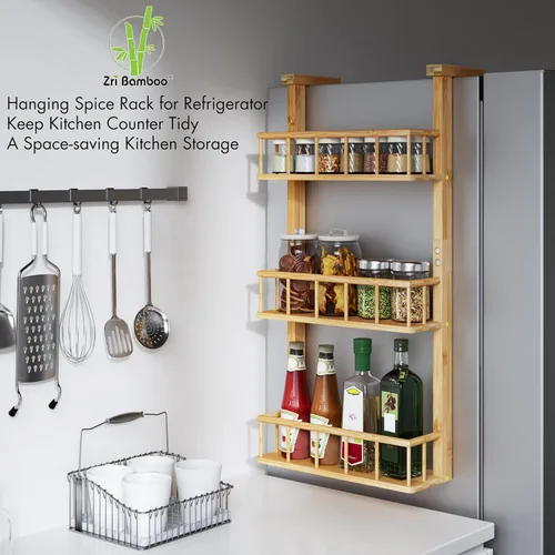 Miniatura 2 de Estante colgante para especias para refrigerador, organizador de estante de cocina de bambú de 3 niveles para almacenamiento de condimentos