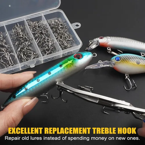 Miniatura 7 de Fishing Treble Hooks Kit, High Carbon Steel Treble Hook Strong Sharp Round Bend Fishing Hook Triple Fish Hook with Split Rings for Trout Hard Bait