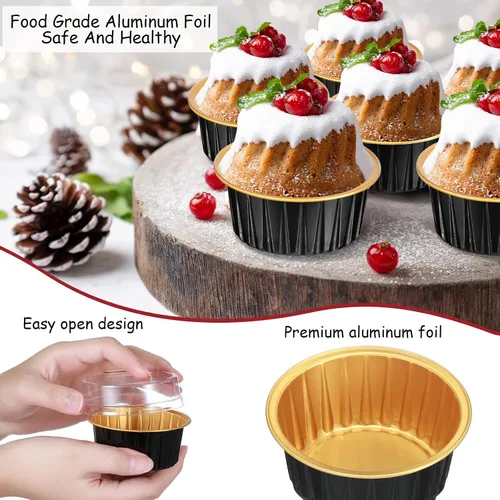Miniatura 3 de 150 moldes desechables de papel de aluminio para hornear, con tapas, mini moldes para cupcakes de 5 onzas, moldes para flan, moldes para tartas