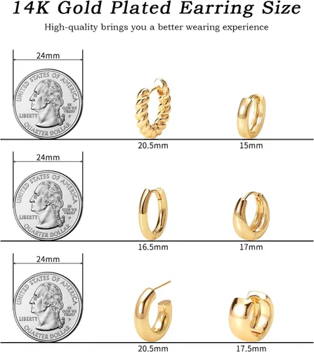 Miniatura 2 de Juego de aretes de aro chapados en oro real de 14 quilates, hipoalergénicos, gruesos y gruesos, joyería gruesa para múltiples piercings, regalo