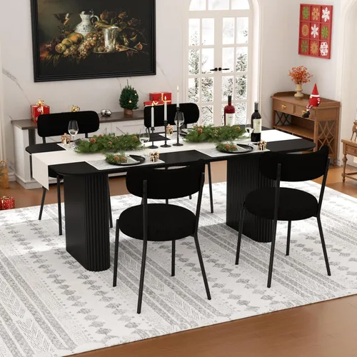 Miniatura 3 de Juego de mesa de comedor ovalada negra moderna de 70.9 pulgadas para 4, mesa de cocina rectangular estilo crema con sillas negras Boucle, juego