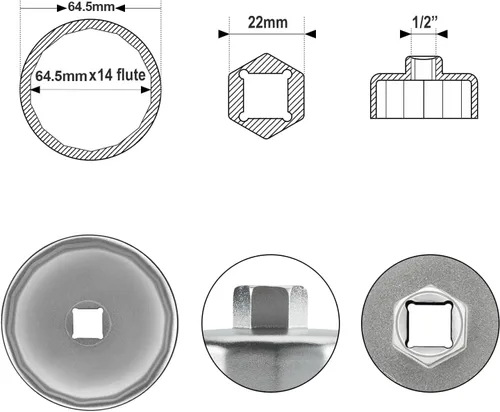 Miniatura 2 de Jetech - Llave para tapa de filtro de aceite, 64.5 mm x 14 estrías, herramienta de extracción de cartucho con 14 estrías y diámetro interior de 64.5