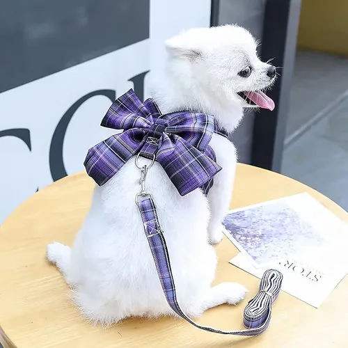 Miniatura 4 de Conjunto de Vestido a Cuadros para Perro con Corbata de Moño, Arnés y Correa, Ropa para Perro Vestido con Arnés con Anilla para Correa para Perros