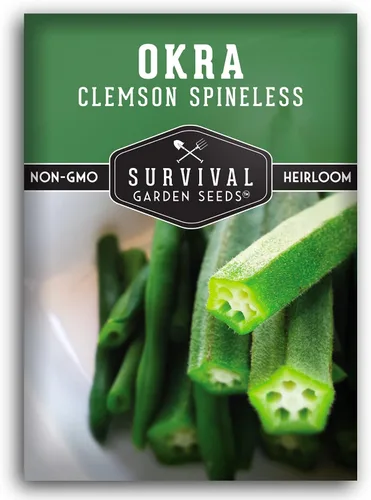 Survival Garden Seeds - Semilla de okra sin espinas Clemson para plantar - Paquete con instrucciones para plantar y cultivar Okra tierna y grande en