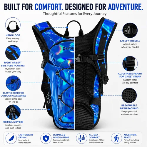Miniatura 3 de Mochila de hidratación reflectante, paquete de hidratación, mochila de agua con vejiga de hidratación de 2 litros, esencial para festivales, paquete