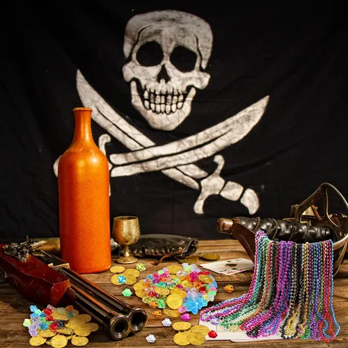 Miniatura 6 de Crowye Juego de 180 monedas falsas del tesoro pirata, gemas de plástico y collar de cuentas, juego de joyas para piratas aventuras, carnaval