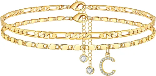 Tobilleras Ursteel chapadas en oro de 14quilates, delicadas capas de cadena Figaro con inicial de circonita cúbica, joyería de verano, regalos para
