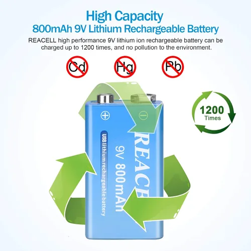 Miniatura 6 de Paquete de 2 baterías de litio recargables de 9 V, baterías de 9 voltios para detector de humo, carga USB de 800 mAh 9 V para micrófonos