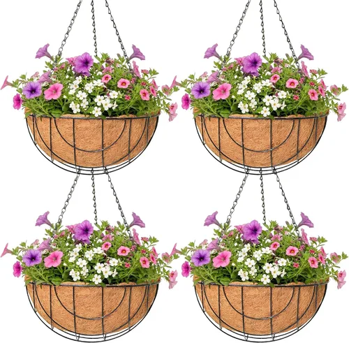 Paquete de 4 macetas colgantes para plantas al aire libre de 12 pulgadas, cesta de flores colgante de metal con forro de fibra de coco, soporte