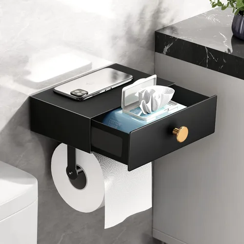 Miniatura 11 de VOLDRA Soporte de papel higiénico con estante dispensador de toallitas grises para baño, soporte de papel higiénico con diseño de cajón