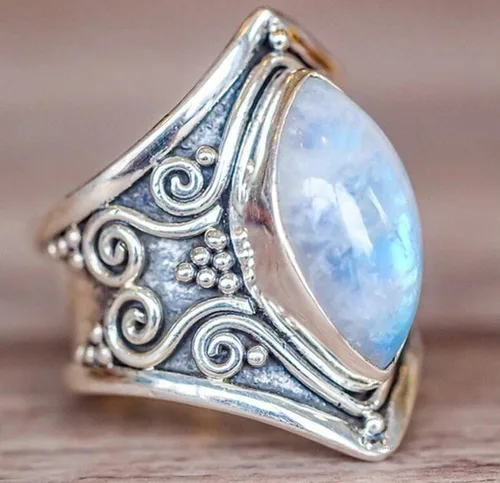 Miniatura 2 de Anillo de plata vintage de plata de ley 925 con piedra lunar natural para mujer, elegante anillo de boda con piedras preciosas, 6, Plata, Piedra