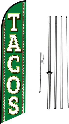 Miniatura 16 de Tacos Mexican Restaurant Publicidad Banner de plumas Swooper Bandera con Kit de asta de Bandera y Estaca de Tierra Tacos-Multicolor-Verde/Rojo