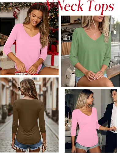 Miniatura 5 de Ficerd Paquete de 3 camisetas de manga 3/4 para mujer, cuello en V, blusas holgadas, blusas casuales, ropa de moda 2026