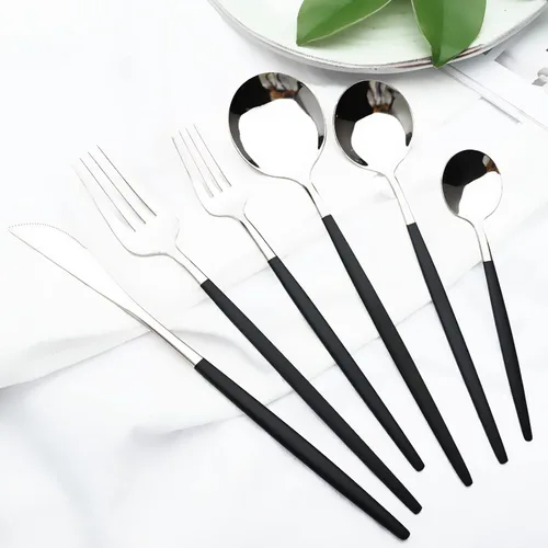 Miniatura 8 de Juego de cubiertos Cuchillo de cena Postre Tenedor Cuchara Juego de vajilla de acero inoxidable Vajilla de cocina 4 piezas Negro