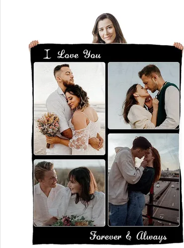 Miniatura 7 de Manta de collage de fotos personalizada, manta de franela suave, regalos para seres queridos 4 Fotos con texto