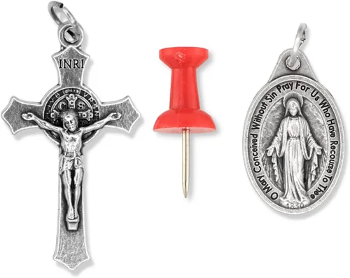 Miniatura 5 de Caritas et Fides Collar católico con crucifijo de San Benito y medalla milagrosa, hipoalergénico en cadena de bola de 24 pulgadas, collar católico