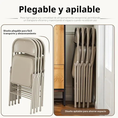 Miniatura 7 de DUMOS Paquete de 4 sillas plegables acolchadas de cuero, asiento comercial apilable portátil para interiores y exteriores con marco de acero, Caqui