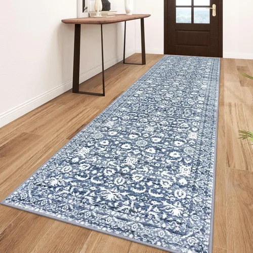 Miniatura 42 de Lansny Alfombra bohemia de 2 x 3 pulgadas, lavable, color negro, azul marino, floral, alfombra de cocina, alfombra de área pequeña de lana
