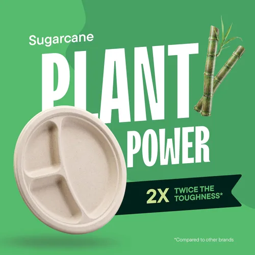 Miniatura 5 de Platos de papel desechables 100% compostables, 3 compartimentos, [125 unidades] - {Sin PFAS} - {Certificado BPA} - [9 pulgadas] Bandejas seccionales