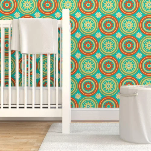 Miniatura 6 de Muestras de papel tapiz para despegar y pegar, círculos de azulejos florales retro de mediados de siglo, moderno, turquesa, naranja, amarillo
