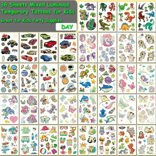 Miniatura 2 de CHARLENT 300 estilos de tatuajes que brillan en la oscuridad para niños, 36 hojas de estilos mixtos, tatuajes temporales luminosos para niños