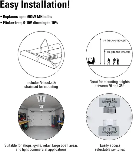 Miniatura 4 de Metalux HBLAO HBLAO - Luz LED de 2 pies de altura para tienda, equivalente a 400 W, 24,000 lúmenes, óptica ajustable, CCT seleccionable